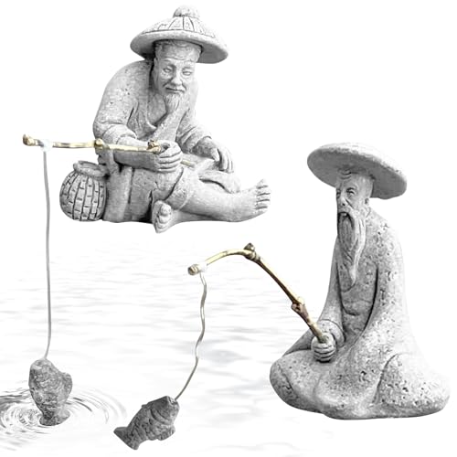 2 Pcs Sitting Fisherman Figurines, Aquarium Decorations Mini Fish Tank Ornaments Asian Zen Statue, Sandstone Vintage Aquascaping Decor for Betta Tank Accessories (Small) - size: Small