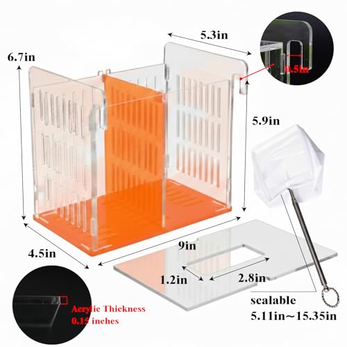 Fish Breeder Box for Aquarium, Acrylic Hatchery Incubator with Long Handle Net - Breeding & Isolation Box for Baby Fish, Shrimp, Betta Guppy, Tank Divider (Orange, 9x5.3x6.7 in)