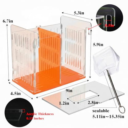 Fish Breeder Box for Aquarium, Acrylic Hatchery Incubator with Long Handle Net - Breeding & Isolation Box for Baby Fish, Shrimp, Betta Guppy, Tank Divider (Orange, 9x5.3x6.7 in)