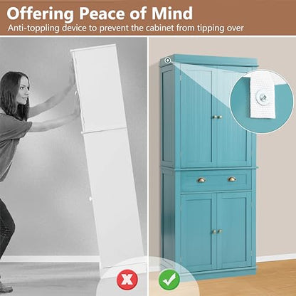 72" Kitchen Pantry,Tall Storage Cabinets with Doors and Shelves,Freestanding Pantry Cabinet for Bathroom,Dining Room and Living Room (Turquoise Blue) - color: Turquoise Blue
