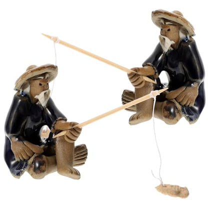 DOITOOL 2 Pcs Mini Fisherman Figurine Ceramic Mudmen Statue for Bonsai Figurines Accessories Asian Zen Aquarium Decor Micro Landscape Fairy Garden Ornament Fish Tank Fishing Miniature