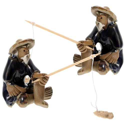 DOITOOL 2 Pcs Mini Fisherman Figurine Ceramic Mudmen Statue for Bonsai Figurines Accessories Asian Zen Aquarium Decor Micro Landscape Fairy Garden Ornament Fish Tank Fishing Miniature