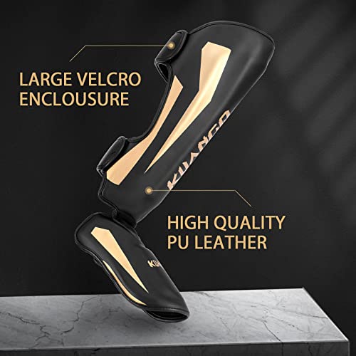 Muay Thai Shin Guards for MMA Sparring, Martial Arts,Kickboxing | Leg Instep Protection Pads, Kickboxing MMA Training, Sparring Gear, Professional MMA Equipment - color: Black-Gold, size: Small
