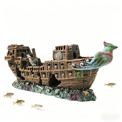Aquarium Shipwreck Decoration,Pirate Ship Ornament Made of Resin, Eco-Friendly Sunken Ship Accessory for Freshwater & Saltwater Tanks