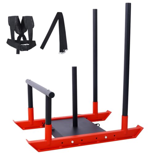 Weight Training Sled, Heavy Duty Steel Push Pull Sled Fitness Speed Strength Training Equipment with Removable Poles and Harness, Adjustable 1" 2" Plate Compatible Workout Sled for Outdoor Training