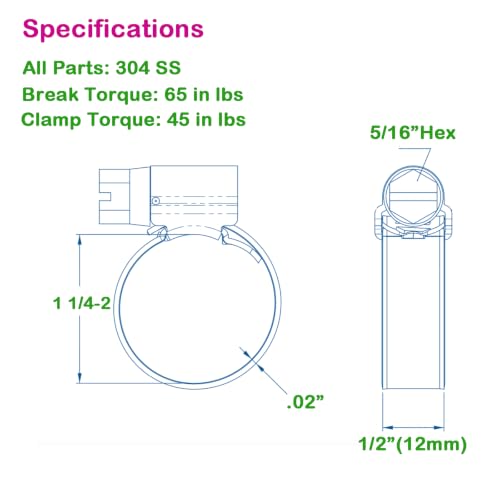 Non-Slip Stainless Steel Worm Gear Hose Clamps 1-1/4 to 2"(32-51mm) | SAE Size 24, 5/16"Hex Head, Soft Hose Protection, Adjustable for Automotive, Fuel Line, Garden, Heater, Radiator, 12Pack - size: SAE#24(1-1/4 To 2)