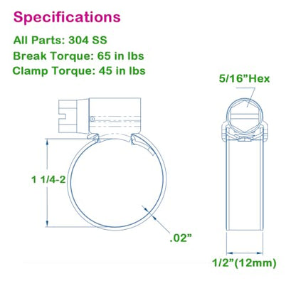 Non-Slip Stainless Steel Worm Gear Hose Clamps 1-1/4 to 2"(32-51mm) | SAE Size 24, 5/16"Hex Head, Soft Hose Protection, Adjustable for Automotive, Fuel Line, Garden, Heater, Radiator, 12Pack - size: SAE#24(1-1/4 To 2)
