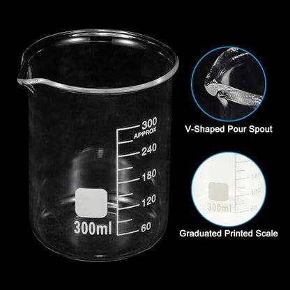 PATIKIL 300ml Glass Beaker, 2 Pack Measuring Glass Beaker Graduated Borosilicate Lab Cups Mug Low Form Heat Safe Transparent with Spout Label for Laboratory Science Kitchen Liquids - size: 300ml