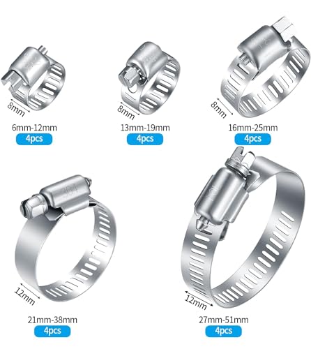 20Pcs Adjustable Stainless Steel Hose Clamps Assortment Kit, 1/4-2 in (6-51mm) Worm Gear Pipe, Fuel LineHeavy Duty for Plumbing, Washing Machine, Mechanical，Garden and Automotive Hose Connections
