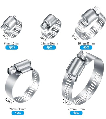 20Pcs Adjustable Stainless Steel Hose Clamps Assortment Kit, 1/4-2 in (6-51mm) Worm Gear Pipe, Fuel LineHeavy Duty for Plumbing, Washing Machine, Mechanical，Garden and Automotive Hose Connections