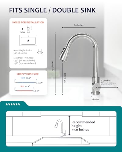 Kitchen Faucet Seats with Pull Down Sprayer, Brushed Nickel 14.4-inch Height, 360 Rotation Spout, Stainless Steel Sink Faucet Single Hole Kitchen Faucet for 1-3 Hole Sinks RV Farmhouse Camper