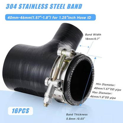 16Pack 1.25" T Bolt Hose Clamps - 304 Stainless Steel Turbo Intake Clamp for Turbo Tubes, Intercooler Pipes, Heavy Duty Radiator Hose Clamps Adjustable Range 40mm-46mm for 1.25" Hose ID - size: 1.57 - 1.80 inches, style: 16pcs t bolt hose clamp