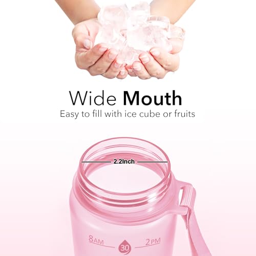Hyeta Plastic Water Bottle With Straw & Time Marker, 32oz Leakproof Jug - color: Matte Pink