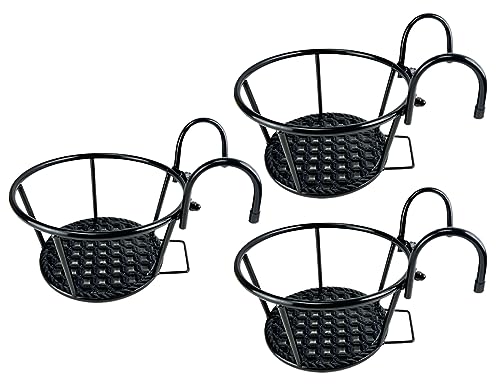 Iron Art Metal Railing Flower Pot Hanging Basket for Indoor Pot Holder Hanger 3 Pack Outdoor Plants Perfect for Porches and Patio Decor (Black)