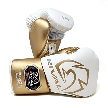 RIVAL Boxing RS100 Professional Lace-Up Sparring Gloves, Handcrafted with Super-Rich Microfiber PU, Ergonomically Designed to Perfectly Fit Your Hand - color: White/Gold, size: 14 oz.