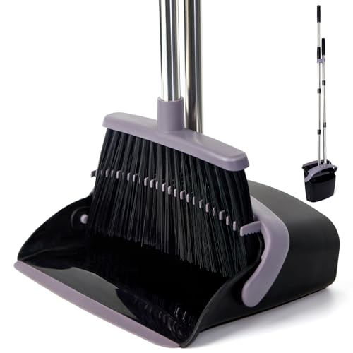 Broom and Dustpan Set, Dustpans with Broom Combo for Home, Heavy Dust Broom and Dustpan Combo, Long Handle Dust Pan and Broom Set for Kitchen, Office, Pet Hair, Charcoal Color, Pack of 1 - color: Charcoal Black