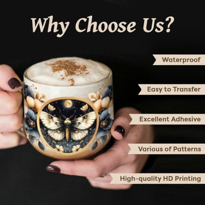 UV DTF Cup Wraps Transfer Stickers Flower Moth Pattern, 10 Sheets Waterproof Custom Vinyl Transfer Sticker 16oz Coffee Glass Cup Tumbler Bottle Mug Decals for Men Women - style: Flower Moth