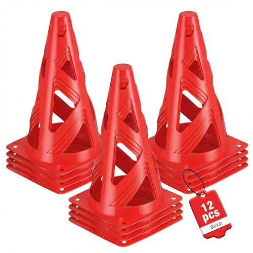 12 Pack Soccer Cones, 9 Inch Agility Cones for Soccer, Football, Basketball, Cones for Sports Training, Speed & Agility Drills, Field Marking Equipment - color: red