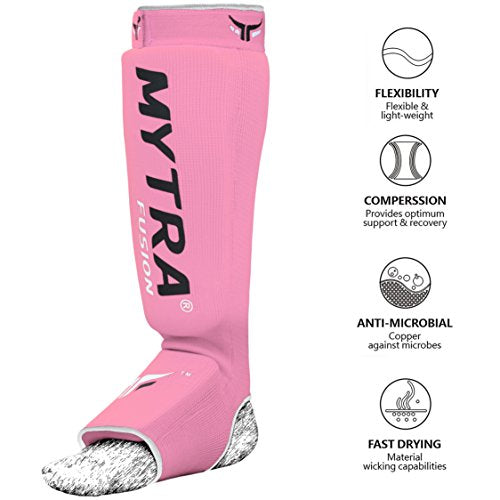 Mytra Fusion Shin Pads Instep Protector Kick Boxing Muay Thai Training Elasticated shin Guards - color: Pink, size: Large-X-Large