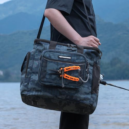 KastKing BaitSpace Fishing Tackle Bag With 4 Tackle Boxes & Removable Bait Binder, Water-Resistant Tackle Storage, Durable Fishing Gear, Adjustable Shoulder Strap - color: F: Blue Camo, size: Large - 4*3600 Trays