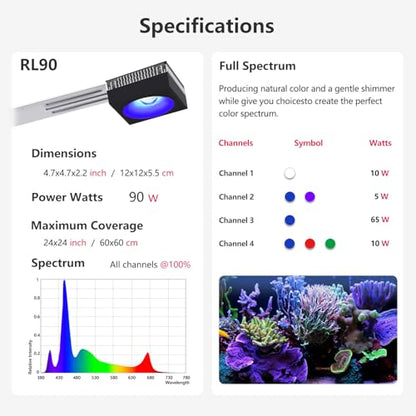 RL90 Black Aquarium Light 100 Watt Coral Reef Light 3rd Generation Full Spectrum Marine Aquarium Lighting 4 Channels Dimmable Control with WiFi, Bracket Included, for Coral SPS LPS Saltwater