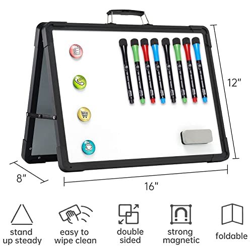 Small Dry Erase White Board - TSJ OFFICE 12" x 16" Mini Easel Desktop Double Sided Whiteboard, Portable Magnetic Board on Table Top with Holder for Drawing, Teacher Instruction, Memo Board - color: Black