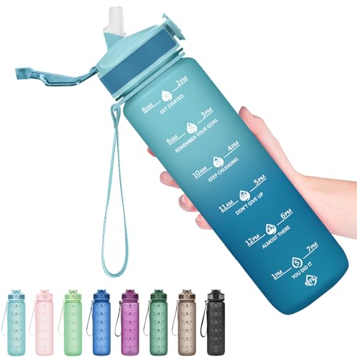 Hyeta Plastic Water Bottle With Straw & Time Marker, 32oz Leakproof Jug - color: Blue-Blue Ombré