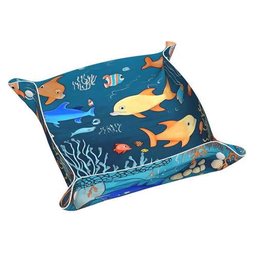 Medium Blue Underwater World of Fish Leather Storage Tray - Double Sided PVC Tray Organizer for Keys, Jewelry, Desk & Vanity with Snap Closure
