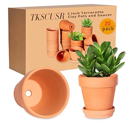 3 Inch Terracotta Pots with Saucer-20 Pack，Cactus Terra Cotta Flower Pot with Drainage，Succulent Nursery Clay Pots Great for Plants,DIY Crafts, Wedding Favor