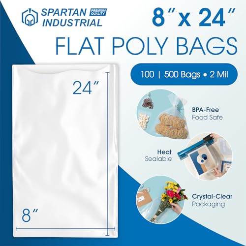 8" X 24" Open-End Flat Clear Poly Bags (500 Count) - 2 Mil Clear Plastic Bags for Packaging, Shipping, Storage - No Adhesive Strip - Spartan Industrial - size: 8” X 24”