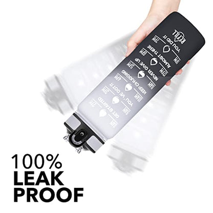 Hyeta Water Bottle with Straw & Time Marker, Plastic 32oz Leakproof - color: Gray-Black