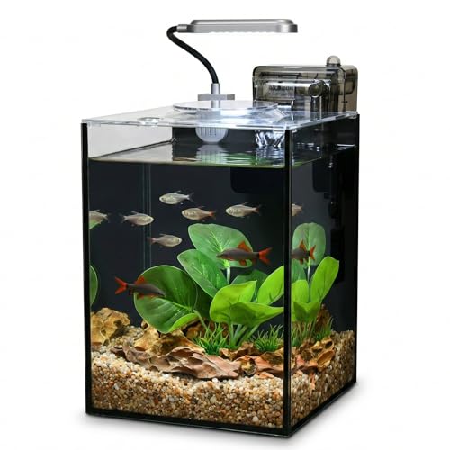 2.2 Gallon Small Aquarium Set Glass Fish Tank,Desktop Small Aquarium Kit for Beginners and Children to Keep Betta Fish, Goldfish, Shrimp, and Aquatic Plants (Black, 2.2 Gallon (Complete Kit))