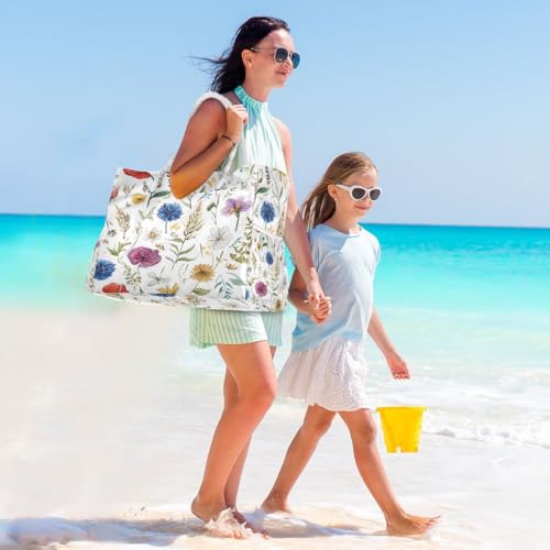 senya Large Beach Bags Totes Canvas Tote Shoulder Bag Soft Wave Water Resistant Bags for Gym Travel Daily Ocean - color: Hand Drawn Flowers