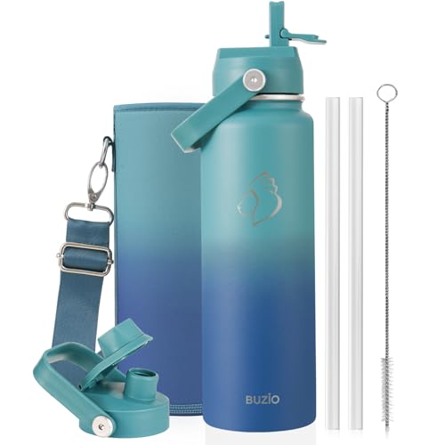 BUZIO 24 oz Insulated Stainless Steel Water Bottle with Straw & Spout Lids | Triple Wall Insulated Tumbler (Dishwasher Safe), Cold for 48 Hrs, Wide Mouth, Leakproof, BPA-Free, for Sports, Gym, School - color: Gradient Cyan, size: 24 Ounces