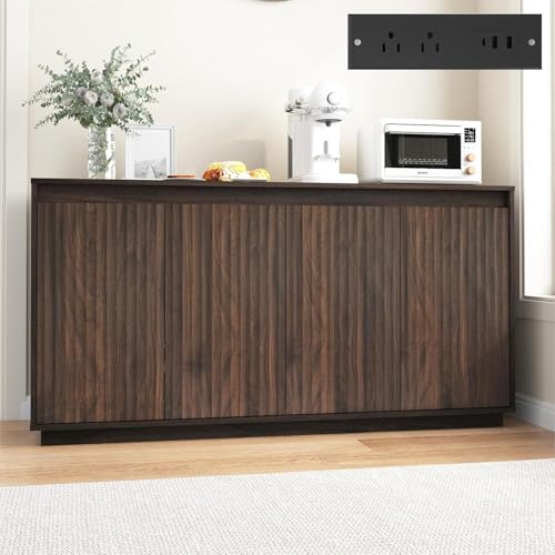 Fluted Sideboard Buffet Cabinet with Storage,Kitchen Walnut Sideboard with Doors and Charging Station, Accent Storage Credenza Cabinet,Coffee Bar Station for Dining Room,Entryway - color: Walnut