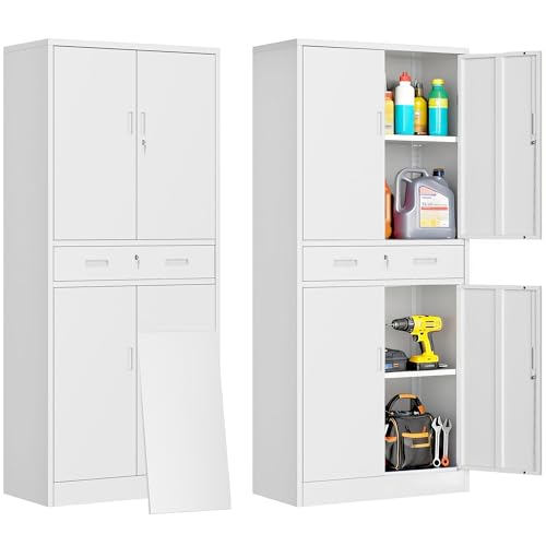 71" H Tall Metal Storage Cabinet with Drawer, Metal Garage Storage Cabinet with Lock and 2 Adjustable Shelves for Home, Office, Garage, Warehouse Organize, White - color: White, size: 71" H-1 Drawer
