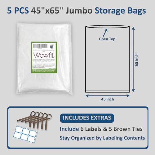 Wowfit 5 CT 45x65 inches Extra Large Clear Plastic Bags Perfect for Car Seat, Luggage, Suitcase, Stroller, Chair, Kids Bike and Attic Storage (3 Mil Flat Bags)
