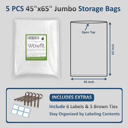 Wowfit 5 CT 45x65 inches Extra Large Clear Plastic Bags Perfect for Car Seat, Luggage, Suitcase, Stroller, Chair, Kids Bike and Attic Storage (3 Mil Flat Bags)