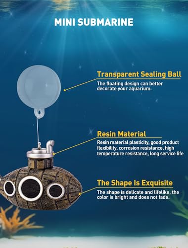 2.1 in Mini Floating Submarine Fish Tank Decoration, Safe Resin Aquarium Decoration for Betta Toys, Cichlid, Goldfish, Shrimps and Hermit Crabs, Cute Retro Underwater Fish Tank Accessories - size: 2.1'' Mini Floating Submarine