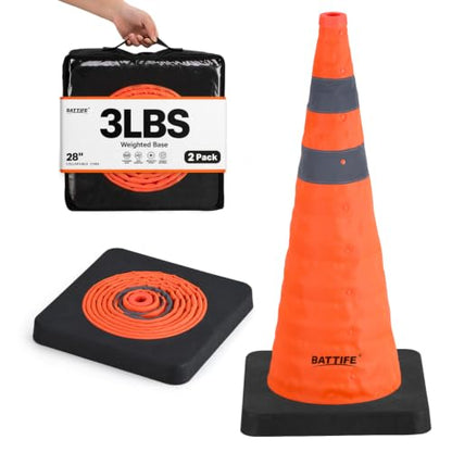BATTIFE 28 inch Collapsible Orange Traffic Safety Cones Weighted Base 2 Pcs - color: Orange