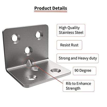 Silver Stainless Steel Corner Bracket,Joint Right Angle Bracket,L Shape Heavy Duty Metal Corner Brace Shelf Supporter for Wood Aufuga (20, 1.5x1.2x1.2)