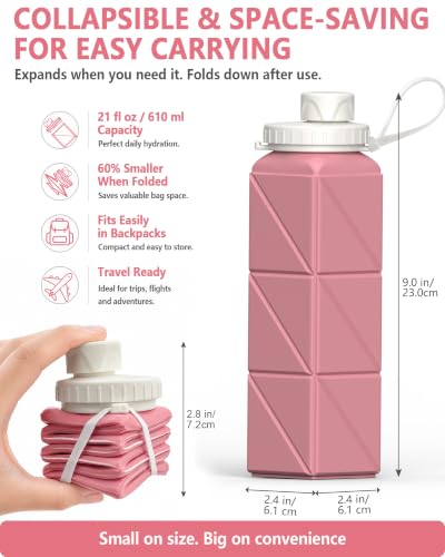 BEAUTAIL Collapsible Water Bottles 21oz/610mL, Silicone Travel Water Bottle | BPA Free, Leakproof & Reusable, Foldable Water Bottle for Traveling, Hiking, Gym, School, Sports, Outdoor, 1-Pack, Pink - color: Pink