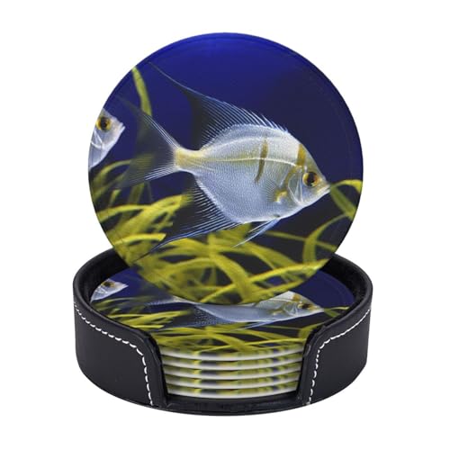 Cup Coaster Set for Home Decor Tabletop Protection Cup Mat PadRound Coasters for Drinks Set of 6 PU Leather Aquarium AngelfishCoasters with Holder 4" Drink Coasters for Coffee Table