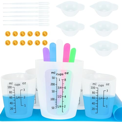 Creahaus Silicone Measuring Cups Tool Kit, Non-Stick Black Number 250 & 100ml Epoxy Mixing Cups, Reusable Resin Supplies with Silicone Cups, Stir Sticks, Pipettes, Mat for Resin Molds, Jewelry Making - color: Black, size: 250ml+100ml kit