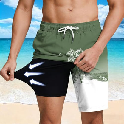 Men's Swim Trunks with Compression Liner Drawstring Bathing Suits Board Beach Shorts with Pockets - color: Army Green, size: Small
