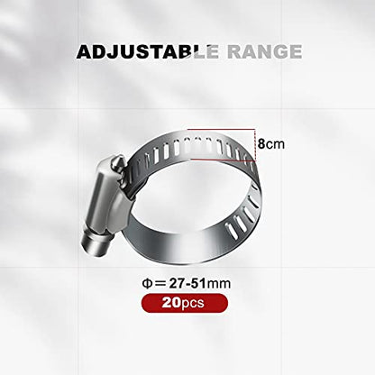 20pcs Adjustable Worm Gear Hose Clamp Stainless Steel Pipe Clamps, 1"-2"(27-51mm) Tube Clamp Tool for Water Pipe, Plumbing, Fuel Line,Intercooler