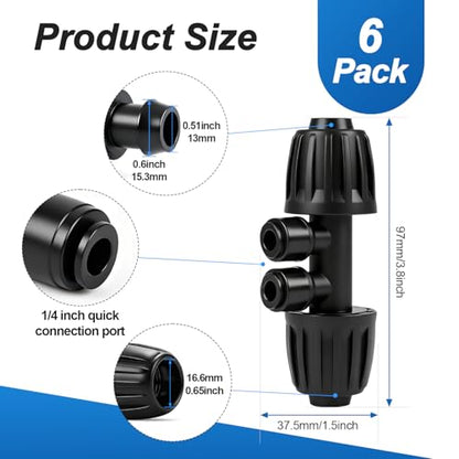 6 Pack 1/2" To 1/4" Drip Irrigation Fittings, 1/2 Inch (1/2" ID x 0.6-0.65" OD) Drip Line to 1/4 Inch Irrigation Tubing Adapter Anti-Drop Quick Connect Reducer 4 Way Tee Connectors - size: 1/2" to 1/4" (4 Way) Reducer-6P