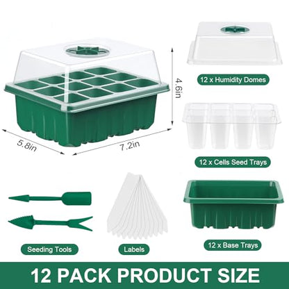 12 Pack Seed Starter Tray Seed Starter Kit (144 Cells Total Tray) with Humidity Adjustable Dome, for Seeds Growing Starting Plant Germination Trays, Mini Green House Germination Trays.