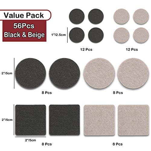 Felt Furniture Pads -56 Pcs(1+2)” Premium Felt Pads for Chair Legs Furniture, Floor Protectors for Hardwood Floors,Beige & Black