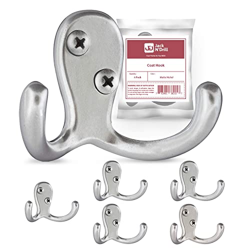 Jack N’ Drill Coat Hook 5+1 Pack in Matte Nickel, Heavy Duty and Easy to Install Two-Prong Wall Hooks for Towels, Coats, Hats, Bags and Robes Ideal for Use at Home, Kitchen, Bathroom and Office - color: Matte Nickel